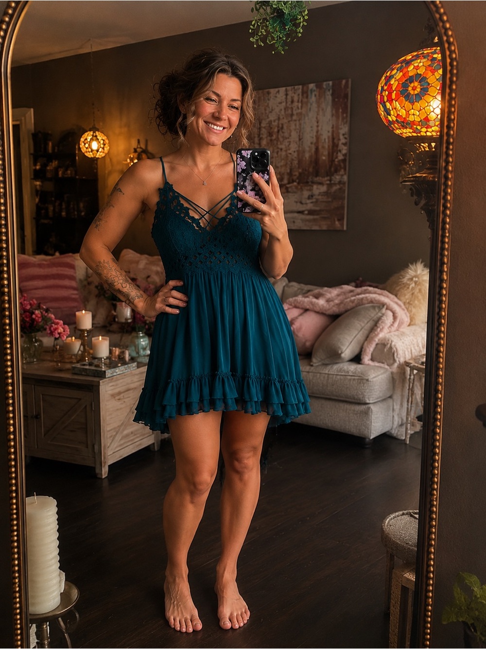 Teal Lace-Detail Babydoll Dress